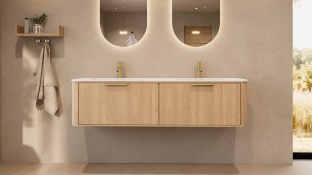 Rundes hängendes Badezimmermöbel 160 cm aus Natureiche mit Glattfront und mattweißem Solid-Surface-Doppelwaschtisch