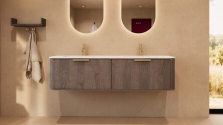 Rundes hängendes Badezimmermöbel 160 cm aus Dunkeleiche mit Glattfront und mattweißem Solid-Surface-Doppelwaschtisch