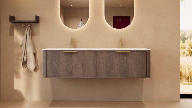 Rundes hängendes Badezimmermöbel 160 cm aus Dunkeleiche mit Glattfront und mattweißem Solid-Surface-Doppelwaschtisch