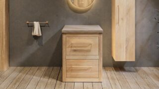 Landhaus-Badezimmermöbel 65 cm aus Massiveiche mit beigem Betonwaschtisch und passendem Becken