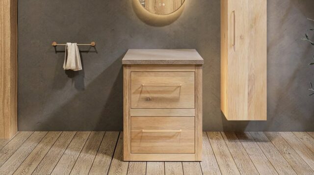 Landhaus-Badezimmermöbel 65 cm aus Massiveiche mit beigem Betonwaschtisch und passendem Becken