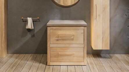 Landhaus-Badezimmermöbel 80 cm aus Massiveiche mit beigem Betonwaschtisch und passendem Becken