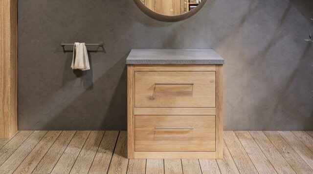 Landhaus-Badezimmermöbel 80 cm aus Massiveiche mit grauem Betonwaschtisch und passendem Becken