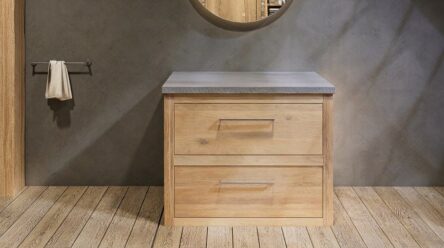 Landhaus-Badezimmermöbel 100 cm aus Massiveiche mit grauem Betonwaschtisch und passendem Becken
