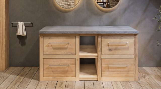Landhaus-Massiveiche-Badmöbel 160 cm mit Regal, grauem Betonwaschtisch und Doppelbecken