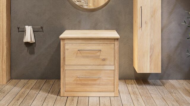 Massiveiche Badezimmermöbel 80 cm mit Eichen-Waschtischplatte und rundem matt-weißem Solid-Surface-Aufsatzbecken