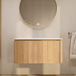 Rundes wandhängendes Badezimmermöbel 100 cm aus Natureiche mit glatte Front und weißes Solid-Surface-Becken
