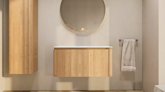 Rundes wandhängendes Badezimmermöbel 100 cm aus Natureiche mit glatte Front und weißes Solid-Surface-Becken