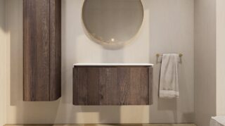 Rundes wandhängendes Badezimmermöbel 100 cm aus dunkler Eiche mit glatte Front und weißes Solid-Surface-Becken