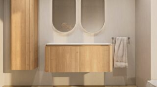 Rundes wandhängendes Badmöbel 120 cm aus Natureiche mit glatte Front und weißes Solid-Surface-Becken mit zwei Waschbecken
