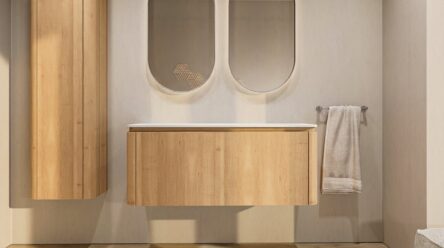 Rundes wandhängendes Badmöbel 120 cm aus Natureiche mit glatte Front und weißes Solid-Surface-Becken mit zwei Waschbecken