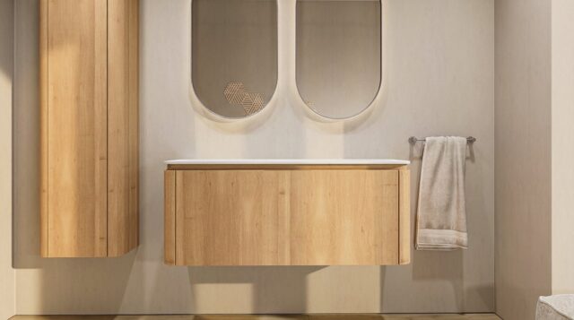Rundes wandhängendes Badmöbel 120 cm aus Natureiche mit glatte Front und weißes Solid-Surface-Becken mit zwei Waschbecken