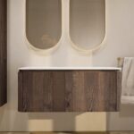 Rundes wandhängendes Badmöbel 120 cm aus dunkler Eiche mit glatte Front und weißes Solid-Surface-Becken mit zwei Waschbecken