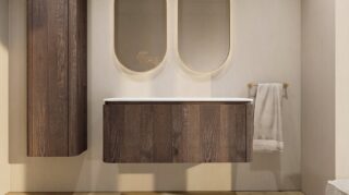 Rundes wandhängendes Badmöbel 120 cm aus dunkler Eiche mit glatte Front und weißes Solid-Surface-Becken mit zwei Waschbecken