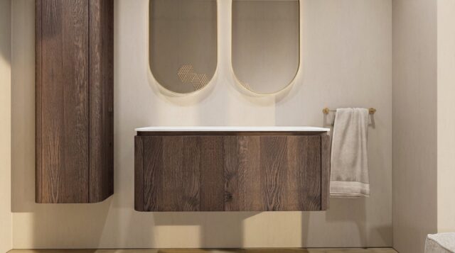 Rundes wandhängendes Badmöbel 120 cm aus dunkler Eiche mit glatte Front und weißes Solid-Surface-Becken mit zwei Waschbecken
