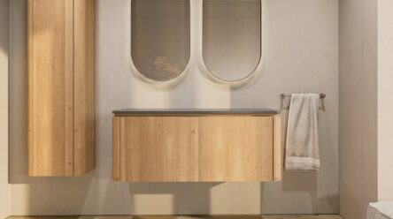 Rundes wandhängendes Badmöbel 120 cm aus Natureiche mit glatte Front und Granitplatte mit zwei Waschbecken
