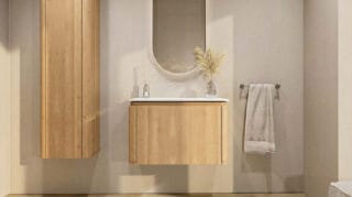 Rundes wandhängendes Badezimmermöbel 80 cm aus Natureiche mit glatte Front und weißes Solid-Surface-Becken