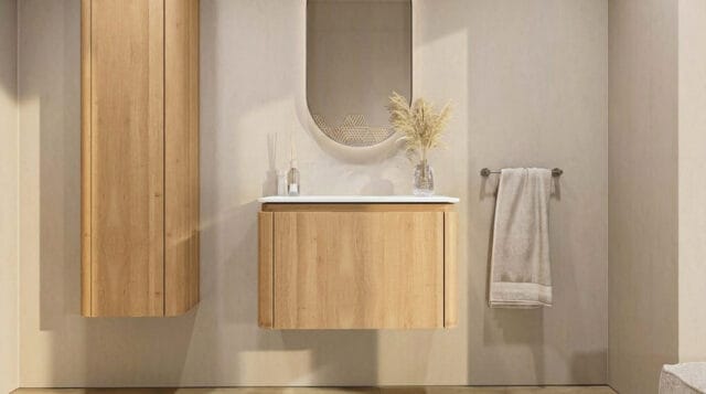 Rundes wandhängendes Badezimmermöbel 80 cm aus Natureiche mit glatte Front und weißes Solid-Surface-Becken