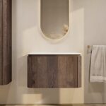 Rundes wandhängendes Badezimmermöbel 80 cm aus dunkler Eiche mit glatte Front und weißes Solid-Surface-Becken