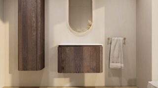 Rundes wandhängendes Badezimmermöbel 80 cm aus dunkler Eiche mit glatte Front und weißes Solid-Surface-Becken