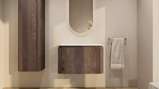 Rundes wandhängendes Badezimmermöbel 80 cm aus dunkler Eiche mit glatte Front und weißes Solid-Surface-Becken