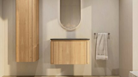 Rundes wandhängendes Badezimmermöbel 80 cm aus Natureiche mit glatte Front und Granitplatte