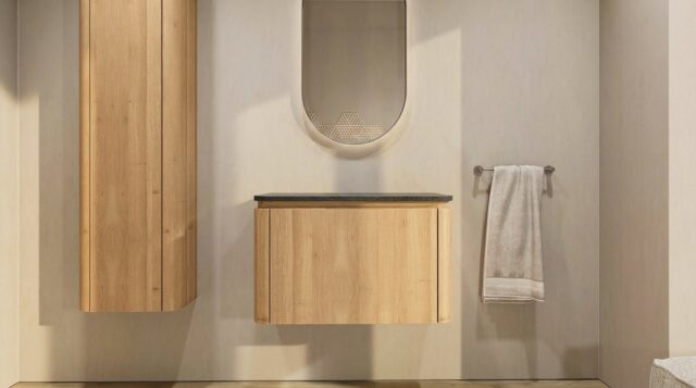 Rundes wandhängendes Badezimmermöbel 80 cm aus Natureiche mit glatte Front und Granitplatte