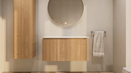 Rundes wandhängendes Badezimmermöbel 100 cm aus Natureiche mit Riffelfront und weißes Solid-Surface-Becken