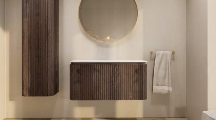 Rundes wandhängendes Badezimmermöbel 100 cm aus dunkler Eiche mit Riffelfront und weißes Solid-Surface-Becken