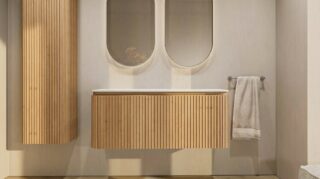 Rundes wandhängendes Badmöbel 120 cm aus Natureiche mit Riffelfront und weißes Solid-Surface-Becken mit zwei Waschbecken