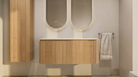 Rundes wandhängendes Badmöbel 120 cm aus Natureiche mit Riffelfront und weißes Solid-Surface-Becken mit zwei Waschbecken