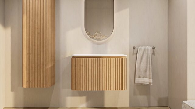 Rundes wandhängendes Badezimmermöbel 80 cm aus Natureiche mit Riffelfront und weißes Solid-Surface-Becken