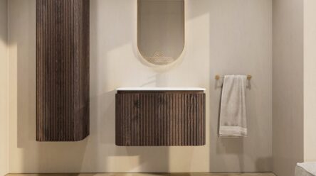 Rundes wandhängendes Badezimmermöbel 80 cm aus dunkler Eiche mit Riffelfront und weißes Solid-Surface-Becken