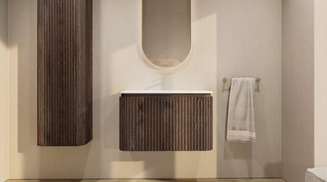 Rundes wandhängendes Badezimmermöbel 80 cm aus dunkler Eiche mit Riffelfront und weißes Solid-Surface-Becken
