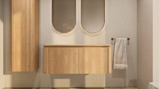 Rundes wandhängendes Badmöbel 120 cm aus Natureiche mit glatte Front und Eichenholzplatte mit zwei Waschbecken