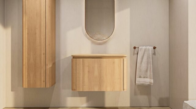Rundes wandhängendes Badezimmermöbel 80 cm aus Natureiche mit glatte Front und Eichenholzplatte