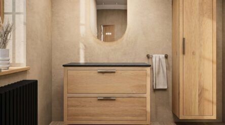 Wandhängendes Badezimmermöbel 100 cm aus dunkler Eiche mit zwei Schubladen und weißes Solid-Surface-Aufsatzbecken