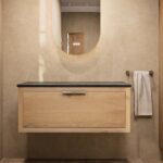 Wandhängendes Badezimmermöbel 100 cm aus dunkler Eiche mit eine Schublade und weißes Solid-Surface-Aufsatzbecken