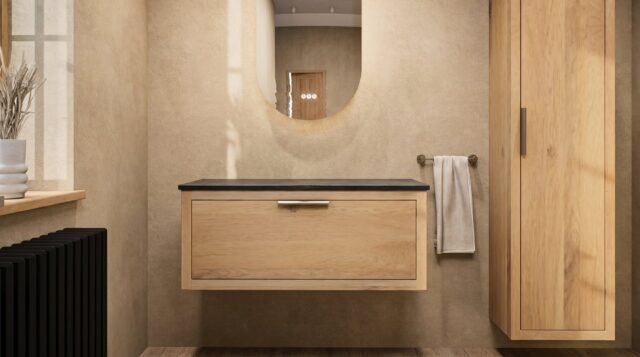 Wandhängendes Badezimmermöbel 100 cm aus dunkler Eiche mit eine Schublade und weißes Solid-Surface-Aufsatzbecken