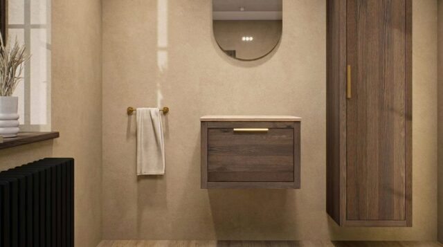 Wandhängendes Badezimmermöbel 60 cm aus Natureiche mit eine Schublade und beige Kalksteinwaschtisch (Premium)
