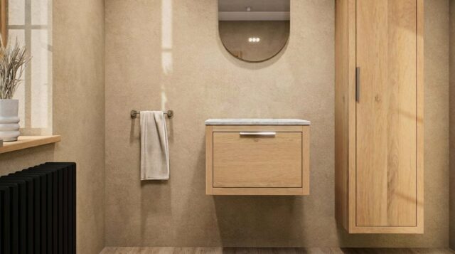 Wandhängendes Badezimmermöbel 60 cm aus dunkler Eiche mit eine Schublade und beige Kalksteinwaschtisch (stilvoll)