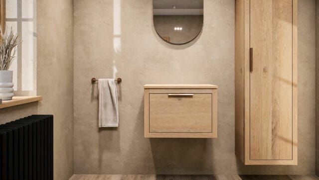Wandhängendes Badezimmermöbel 60 cm aus dunkler Eiche mit eine Schublade und weiße Marmorplatte (luxuriös)