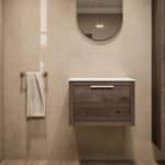 Wandhängendes Badezimmermöbel 60 cm aus Natureiche mit eine Schublade und weißes Solid-Surface-Aufsatzbecken (elegant)
