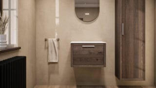 Wandhängendes Badezimmermöbel 60 cm aus Natureiche mit eine Schublade und weißes Solid-Surface-Aufsatzbecken (elegant)