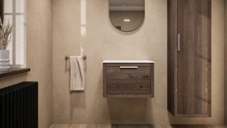 Wandhängendes Badezimmermöbel 60 cm aus Natureiche mit eine Schublade und weißes Solid-Surface-Aufsatzbecken (elegant)
