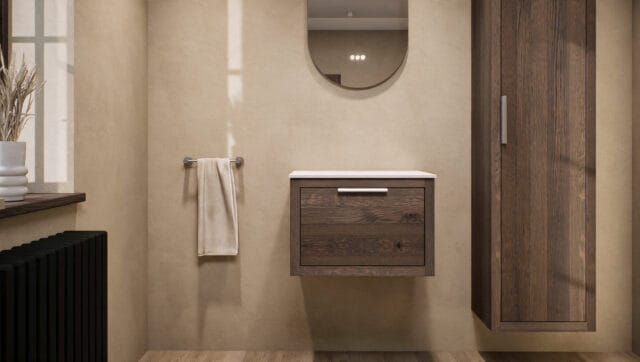 Wandhängendes Badezimmermöbel 60 cm aus Natureiche mit eine Schublade und weißes Solid-Surface-Aufsatzbecken (elegant)