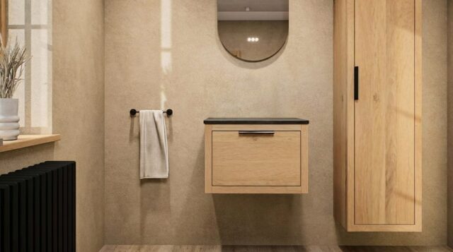 Wandhängendes Badezimmermöbel 60 cm aus dunkler Eiche mit eine Schublade und weißes Solid-Surface-Aufsatzbecken (wandhängend)