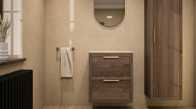 Wandhängendes Badezimmermöbel 60 cm aus Natureiche mit zwei Schubladen und beige Kalksteinwaschtisch