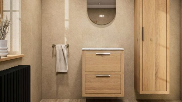 Wandhängendes Badezimmermöbel 60 cm aus dunkler Eiche mit zwei Schubladen und beige Kalksteinwaschtisch (Top-Qualität)