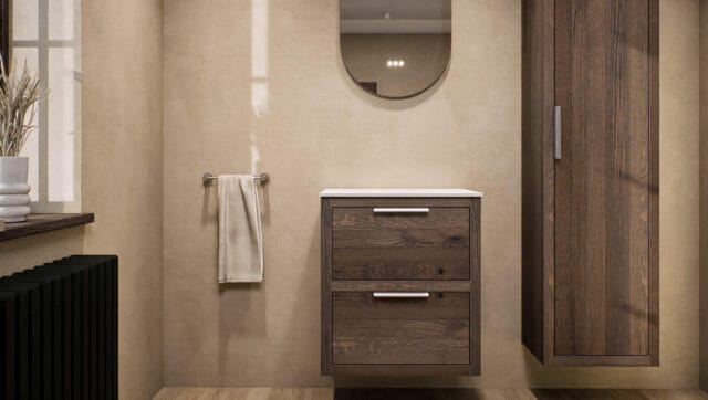 Wandhängendes Badezimmermöbel 60 cm aus Natureiche mit zwei Schubladen und weißes Solid-Surface-Aufsatzbecken